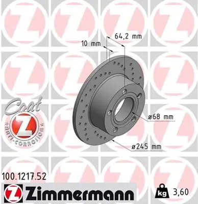 ZIMMERMANN  100.1217.52 Arka Fren Aynasi Passat(96-05)audi100 (90-94)a6 1.8t-1.9tdi(94-05)superb (02-08)(245x10x5dl)(Delikli 986478132-986479b22-Df2651 4A0615601A