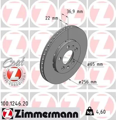 ZIMMERMANN  100.1246.20 Fren Diski. Ön. [256 /22-19 Mm]. Hava Kanalli. Civata Kiti  986478988-986479b58-Df4235 8Z0615301B 8Z0615301D