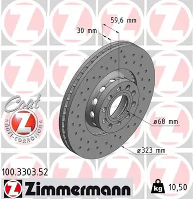ZIMMERMANN  100.3303.52 Fren Diski. Ön. [323 /30-28 Mm]. Hava Kanalli. Kaplamali. Yüksek Karbon Alaşimli (Delikli) 986479060-Df4209s 3D0615301G 4D0615301F 4D0615301J