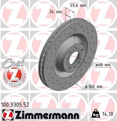 ZIMMERMANN  100.3305.52 Ön Fren Aynasi (Adet) Audi A6 (7.04>a8 (4d2.4d8) Zirhli Araç (02>phaeton 02> (360x34x5dlxhavali) (Delikli)-986479302-986479b97-Df4268-Df4268s 4E0615301A 4E0615301G 4E0615301P