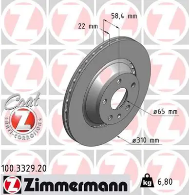 ZIMMERMANN  100.3329.20 Fren Diski. Arka. [310 / 22-20 Mm]. Kaplamali  986479466-Df4785 8J0615601A