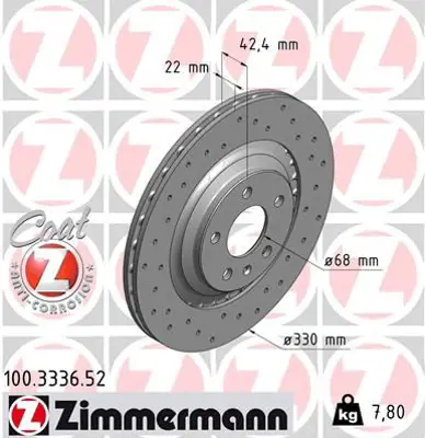 ZIMMERMANN  100.3336.52 Fren Diski. Arka. [330 /22-20 Mm]. Hava Kanalli. Kaplamali. Yüksek Karbon Alaşimli (Delikli) 986479457-Df4893s 4F0615601B