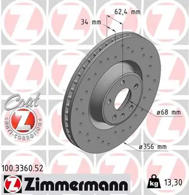 ZIMMERMANN  100.3360.52 Ön Fren Aynasi (Adet) A6 3.0 Tdi-Tfsi 12=> (Delikli) 986479e39 4G0615301C