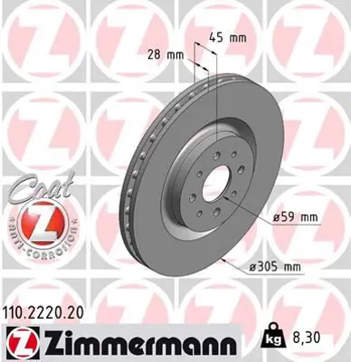 ZIMMERMANN  110.2220.20 On Fren Diski Alfa Romeo Mito 08 > 1.3 Mtj 1.4 Tb 1.6 Jtd 51738833 51813785