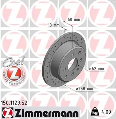 ZIMMERMANN  150.1129.52 Fren Diski. Arka. [258.0 /10.0-8.4 Mm] (Delikli) 986478034-Df1561 34211119581