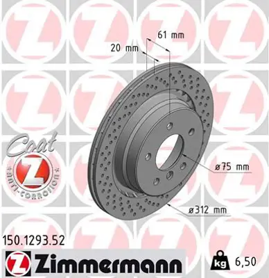 ZIMMERMANN  150.1293.52 Fren Diski Arka Sag Bmw M3 E36 Kaplamali Delikli 34212227178