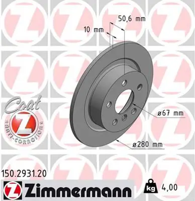 ZIMMERMANN  150.2931.20 Fren Diski Arka Bmw F40 F45 F46 F48 F39 Mini F54 F57 F60 34206891085
