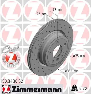 ZIMMERMANN  150.3430.52 Fren Diski Arka Df4461 X1 2009 >3 2005 > (Delikli) 986479439-Df4461s 34216764655 34216855004