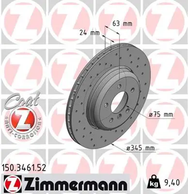 ZIMMERMANN  150.3461.52 Arka Fren Diski Bmw 5 (E60)-5 Touring (E61)-6 (E63)-6 Convertible (E64) (Delikli) 986479729-9864790000000000000-Df6624s 34216763827 6763827