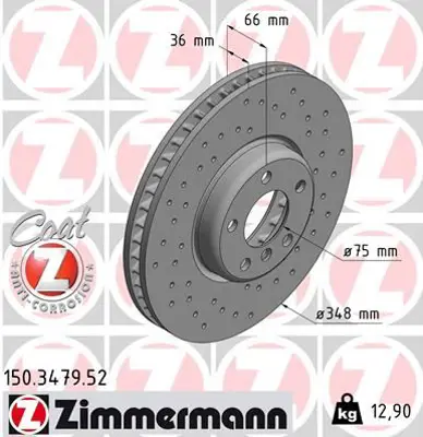 ZIMMERMANN  150.3479.52 Sağ-Ön Fren Diski 5 (F10)-5 Gran Turismo (F07)-5 Touring (F11)-6 Convertible (F12)-6 Coupe (F13)-6 (Delikli)-986479e18-986479w20-Df6612s 34116785670 6785670