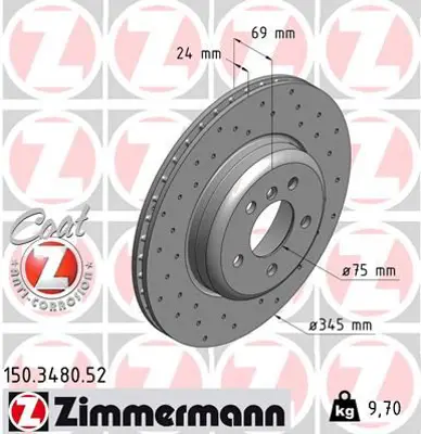 ZIMMERMANN  150.3480.52 Arka Fren Diski Bmw 5 (F10)-5 Gran Turismo (F07)-5 Touring (F11) (Delikli) 0986479d59-98647900000000-Df6610s 34216775289 6775289