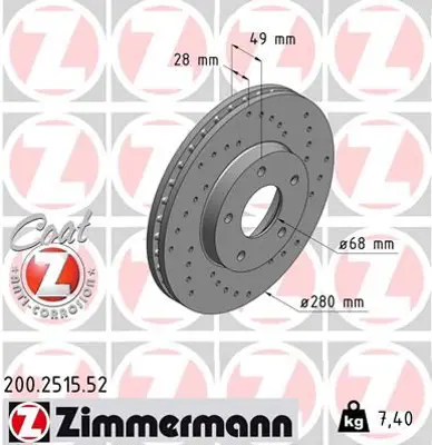ZIMMERMANN  200.2515.52 On Fren Diski Nissan Primera 02>08 X-Trail I 01>08 (28x280x48) Delikli 40206009VA 402063Y502 402063Y503