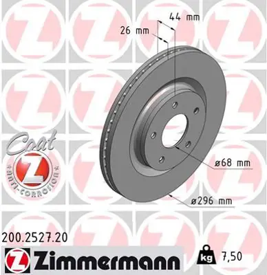 ZIMMERMANN  200.2527.20 Ön Fren Diski Nissan Qashqai 07>13 X-Trail Ii (T31) 07>13 (296x26) Havali 5 Delik 40206JD00A 40206JG00A 402061KC1B