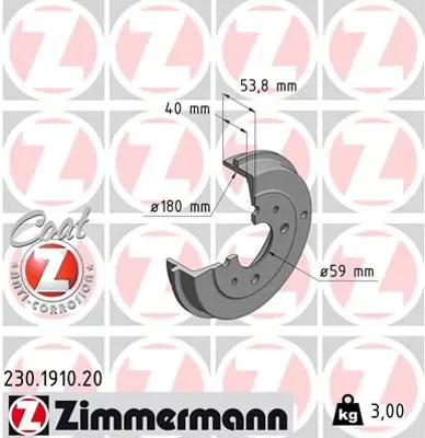 ZIMMERMANN  230.1910.20 Fren Kampanasi (Arka) Fiat 500 10> Brava 98> Temrpa 94> Tipo 96> Punto 99> Panda 12> Ford Ka 08> Peugeot Bipper Tepee 08> 46819776 51863510 7599325