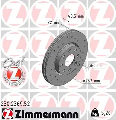 ZIMMERMANN  230.2369.52 Ön Fren Aynasi Corsa D 07> Corsa E 14> Adam 13> Punto Evo-Grande Punto 05> (257x22x4dl Havali 14inç) (Delikli) (55700921) 13317922 93197241 569065 55700920