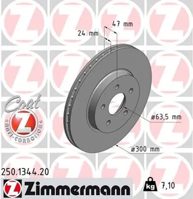ZIMMERMANN  250.1344.20 On Fren Disk Aynasi Mondeo Iii 00>07 Jaguar X Type 01>09 Olcu (300×24×5 Bijon) 7S7J1125BB 1321488 C2S42667