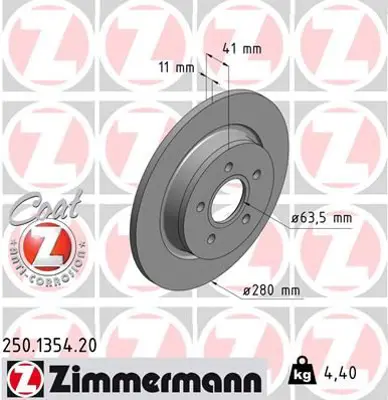 ZIMMERMANN  250.1354.20 Arka Fren Diski Ayna Focus Ii04>11 C-Max &Nbsp;07>09 Volvo &Nbsp;V50 04>12 C30 06>12 &Nbsp;C70 Ii &Nbsp;05>13 S40 Ii 04>04>12 &Nbsp;17 Jant - 16 Jant Düz 280mm 5 Bijon ME7M5J2A315BA 7M512A315BB 30769113