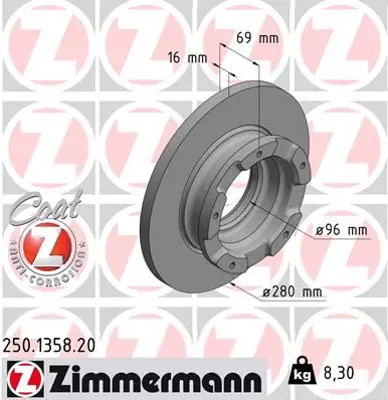 ZIMMERMANN  250.1358.20 Arka Fren Disk Aynasi Transit V347 2.2tdci 06>14 O.Ceker 6C112A315BB 6C112A097AB 1387152