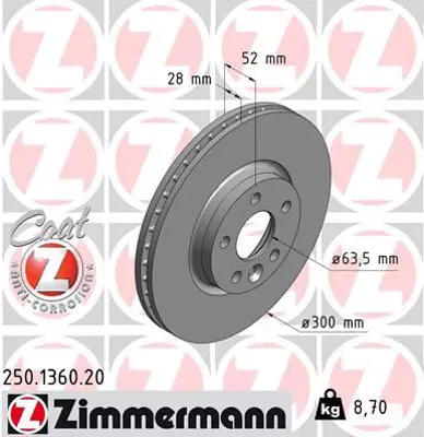 ZIMMERMANN  250.1360.20 Fren Diski On Freelander 2 L359 R.R Evoque L538 Ford S-Max Galaxy 2 Volvo S80 S60 V60 V70 7G911125BA 30769056 LR000571