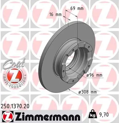 ZIMMERMANN  250.1370.20 Arka Fren Disk Aynasi Transit Custom V362 12> ( Abs'Li) O.Ceker Cap (308×16) BK212A097EA 2012584 2040064