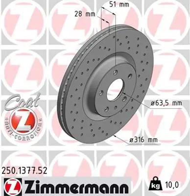 ZIMMERMANN  250.1377.52 Fren Diski (Delikli) 0986479d46 5202200 DG9C 1125 CC