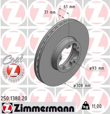 ZIMMERMANN  250.1380.20 On Fren Diski Aynasi Transit V363 14> (Arka Cift Teker 5 Bijon) Cap (308×33) KK311125AB KK311125AA BK311125AC