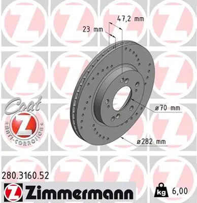ZIMMERMANN  280.3160.52 Ön Fren Diski (Hava Kanalli) Honda Cr-V 2.0l B20 96-01 / Hr-V 1.6l D16w1 99-07 / Prelude 2.0l  F20a4 92-96 2.2l H22a4 97-01 (282 Çap X 5 Bijon) Performans Tipi Delikli - Adet Disk Fiyatidir 45251SP0000 45251S2HN00 45251SZ3E00