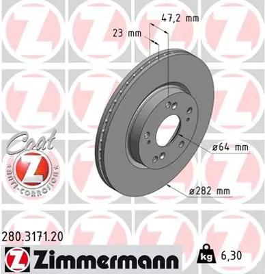 ZIMMERMANN  280.3171.20 Ön Fren Aynasi Honda Cr-V Ii 2.0 (02-06) 2.2cdti (05-06) Fr-V 1.7-1.8-2.0-2.2 05=> 986479364-Df4486 45251S7AN10 45251SCAE00 45251S7AE10