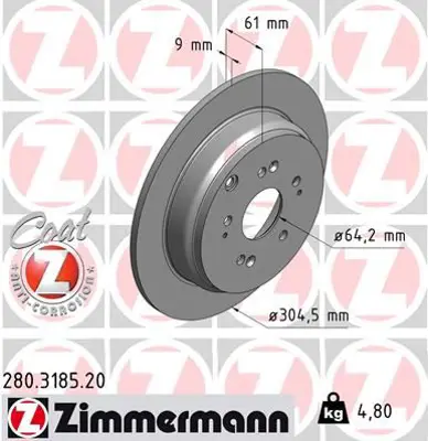 ZIMMERMANN  280.3185.20 Fren Diski Arka Cr-V Ii 2001-2006-Cr-V Iii 2006 >cr-V Iv 2012 > 986479449-Df7374 42510S9AE50 42510SCAE50 42510SA9E50