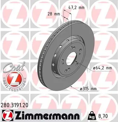 ZIMMERMANN  280.3191.20 Fren Diski 0986479f12 45251 T1G G00 45251 T1G G01