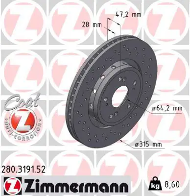 ZIMMERMANN  280.3191.52 Fren Diski (Delikli) 0986479f12 45251 T1G G00 45251 T1G G01
