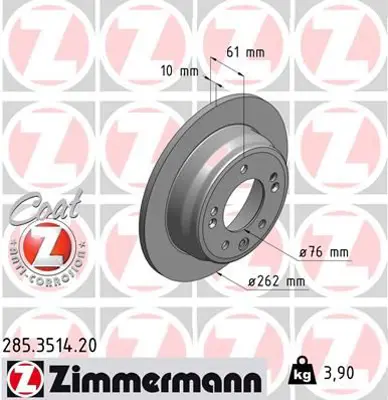 ZIMMERMANN  285.3514.20 Arka Fren Aynasi Hyundai İ30(07-11)-İx35 10>kia Ceed-Pro Ceed(08-13)-Sportage 10>(262x10x76)(5-2-1d) 986479508-986479c14 584111H100 584111H300