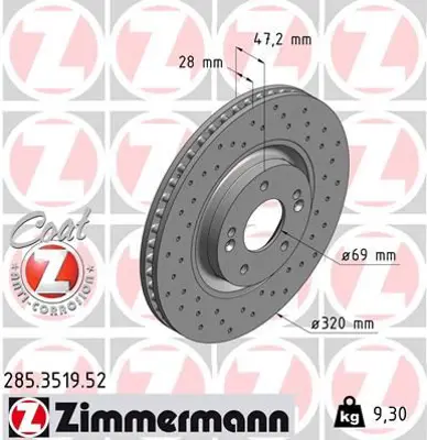 ZIMMERMANN  285.3519.52 Fren Disk (Delikli) 51712 2T000 51712 2T100