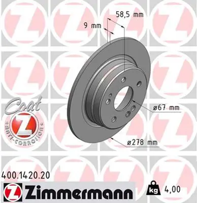 ZIMMERMANN  400.1420.20 Fren Diski. Arka. [278 / 9-7.3 Mm]  986478565-Df1595 1294230012 A1294230012