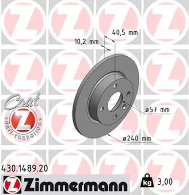 ZIMMERMANN  430.1489.20 Fren Diski Arka Combo 2001 >corsa C 2000 >tigra 2004 > Df4200 569112 9196592