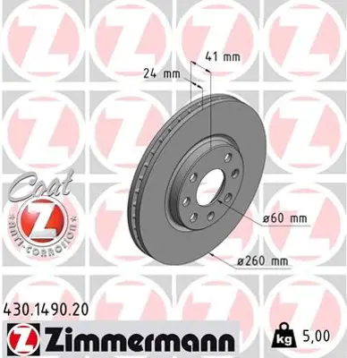 ZIMMERMANN  430.1490.20 Ön Fren Aynasi Corsa C - Combo C (01>11) Meriva A (03>10) Tigra (04>09) (260x24x4dl Havali) 95526646 569000 9127967 9196050