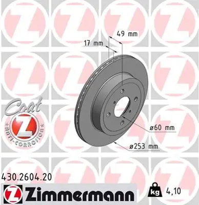 ZIMMERMANN  430.2604.20 Ön Fren Aynasi Havali Agila 1.0/1.2 Twinport 1.3 Cdti 03- Justy Iii 1.3/1.5 Df4826 93179462 4706749 4707288 93176389