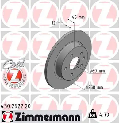ZIMMERMANN  430.2622.20 Arka Fren Aynasi Astra J  09=> Mokka 13=> Cruze 09=> Aveo 11> Trax 12> (268.5x12x5dl Dolu) (569074-95527032-95527032) 569072 13502135 13502136 13505759
