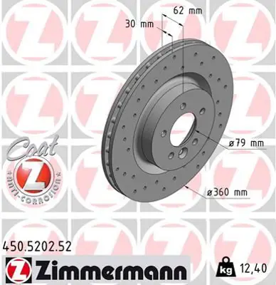ZIMMERMANN  450.5202.52 Fren Diski Ön Land Rover-Discovery Iv (L319)-Discovery Iv Van (L319)-Range Rover Iii (L322)-Range Ro (Delikli)-986479578-Df4792s SDB000621 SDB000622 SDB000623