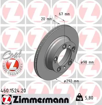 ZIMMERMANN  460.1524.20 Fren Diski. Arka. [292 /20-18 Mm]. Hava Kanalli. Kaplamali  986479079-Df6338 98635240104
