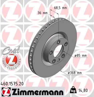 ZIMMERMANN  460.1575.20 Fren Diski. Ön. [367.8 Mm / 36-34 Mm] Hava Kanalli. Yüksek Karbon Alaşimli  0986479a33 7L8615301A