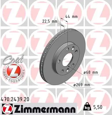 ZIMMERMANN  470.2439.20 On Fren Diski Dacia Duster I 10>18 Duster Ii 18> Renault Megane Iv 15>  (Diş Çap: 269mm Diski Kalinliği: 22.5mm 5 Delik) Havalandirmali 402061715R 402066300R 8660002096