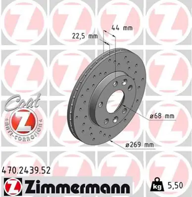 ZIMMERMANN  470.2439.52 On Fren Diski Dacia Duster I 10>18 Duster Ii 18> Renault Megane Iv 15>  (Diş Çap: 269mm Diski Kalinliği: 22.5mm 5 Delik) Havalandirmali 402061715R 402066300R 8660002096