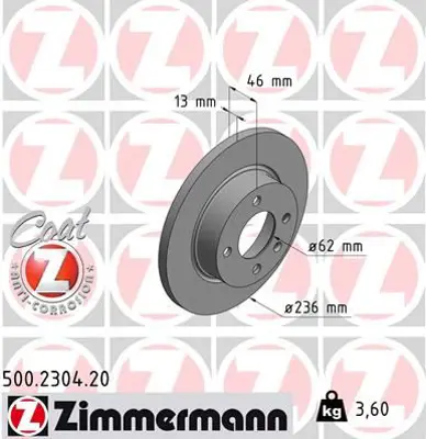 ZIMMERMANN  500.2304.20 Fren Diski Ön Favorit 1989-1995-Felicia I 1994-2002-Felicia Ii 1998-2001 986478859-Df2765 002415019 2415019 6U0615301