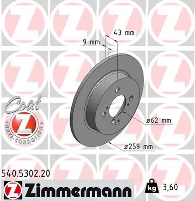 ZIMMERMANN  540.5302.20 Fren Diski. Arka. [259 /9-8 Mm]. Yüksek Karbon Alaşimli  986479792-Df6122 5561168L00