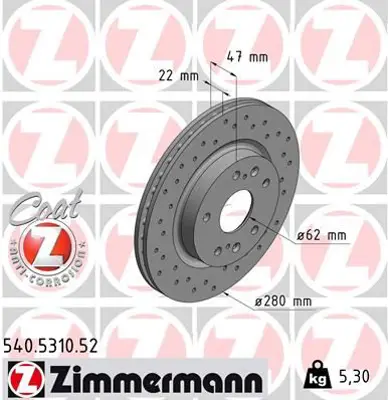 ZIMMERMANN  540.5310.52 Fren Diski (Delikli) 0986479c44 55311 61M00