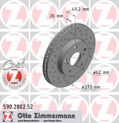 ZIMMERMANN  590.2802.52 Ön Fren Diski (Hava Kanalli-Delikli) Toyota Auris Corolla 1.33l 1nr-Fe Nre150 10-> / 1.6l 1zr-Fe  Zre151 07-12 / 1.4l 1ndtv Nde150 07-12 - (273 Çap X 5 Bijon) Adet Disk Fiyati (Antikorozyon. Boyali) 4351202180 4351202200 4351212690