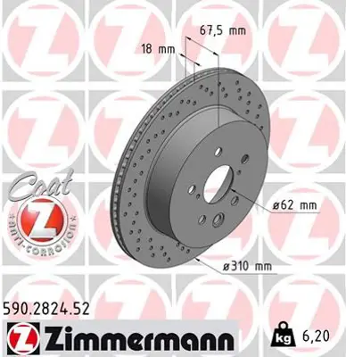 ZIMMERMANN  590.2824.52 Fren Diski Arka Lexus Gs 2005-2011-Is C 2009 >is Ii 2005 >is Iii 2013 > (Delikli) 986479615-Df6063 4243130290