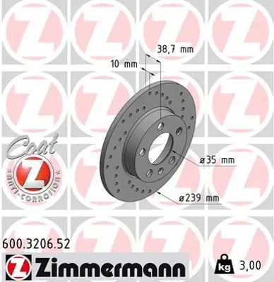 ZIMMERMANN  600.3206.52 Fren Diski. Arka. [239 /10-8 Mm] (Delikli) 986478894-Df4137 1H0615601