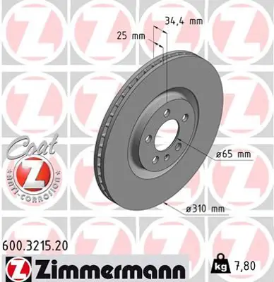 ZIMMERMANN  600.3215.20 Fren Diski. Ön. [310 /25-22 Mm]. Hava Kanalli. Kaplamali. Yüksek Karbon Alaşimli. Civata Kiti  986479642 6R0615301B 6R0615301E